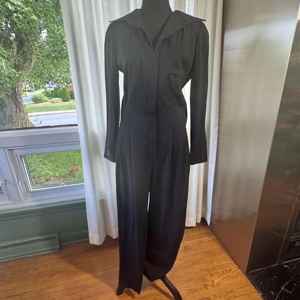 Vintage 1980s jumpsuit, black, pure wool, wide lapels, by Krizia Italy